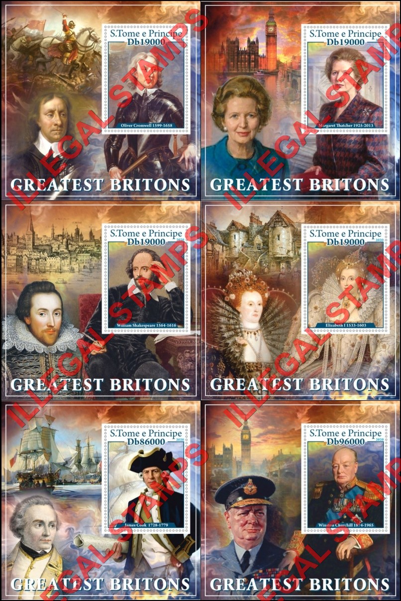 Saint Thomas and Prince Islands 2020 Greatest Britons Illegal Stamp Souvenir Sheets of 1
