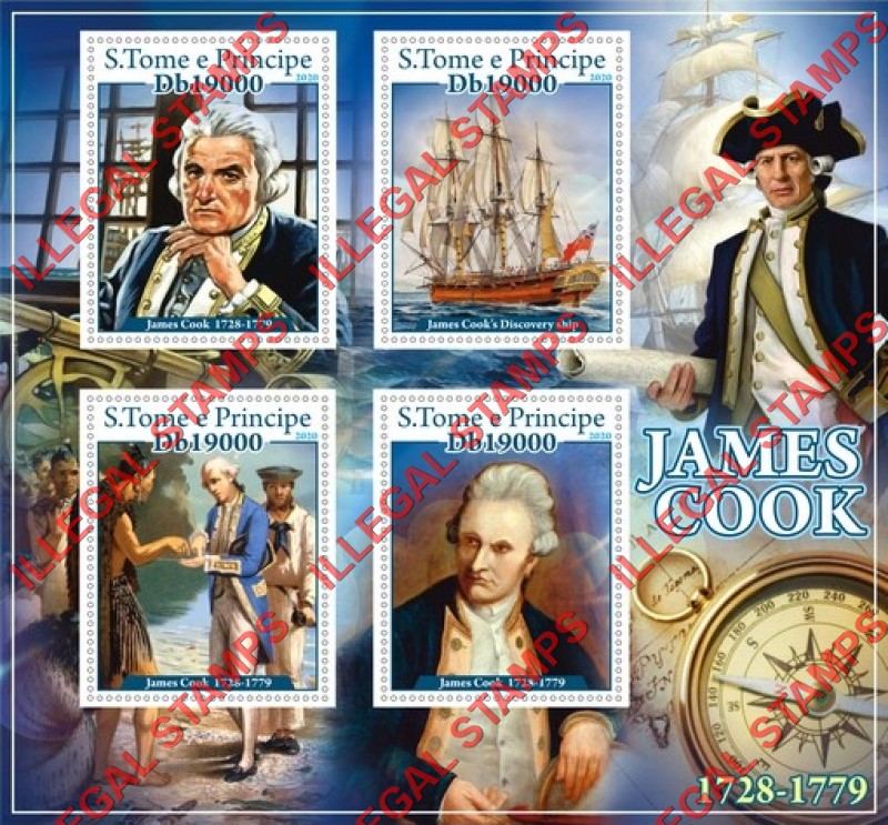 Saint Thomas and Prince Islands 2020 James Cook Illegal Stamp Souvenir Sheet of 4
