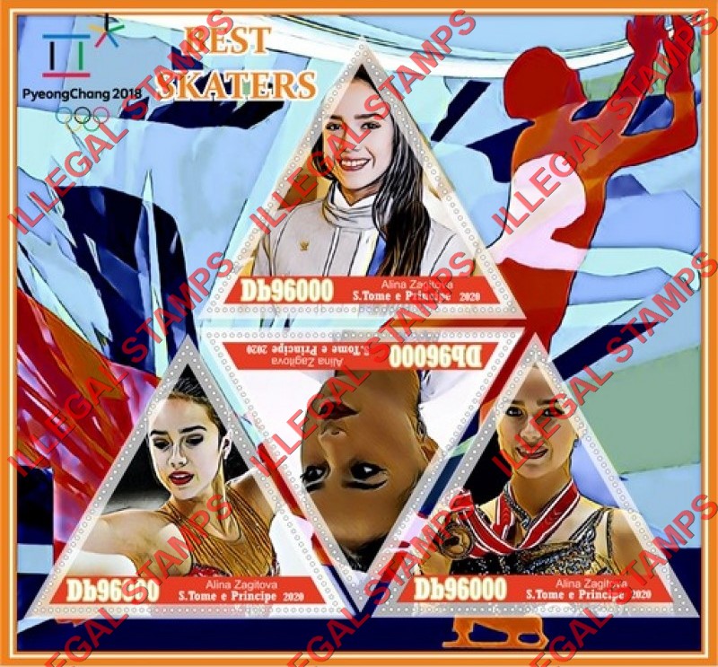 Saint Thomas and Prince Islands 2020 Olympic Games in PyeongChang in 2018 Best Skaters Alina Zagitova Illegal Stamp Souvenir Sheet of 4