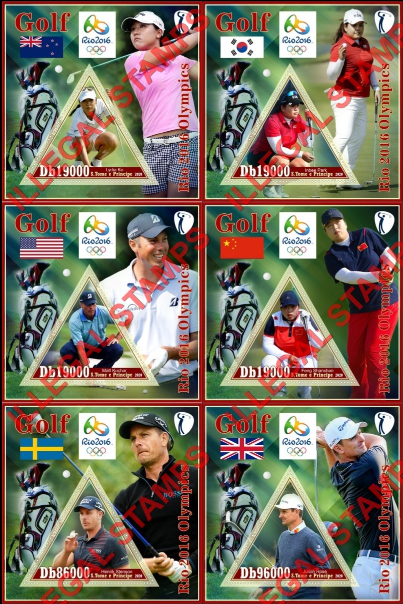 Saint Thomas and Prince Islands 2020 Olympic Games in Rio in 2016 Golf Players Illegal Stamp Souvenir Sheets of 1