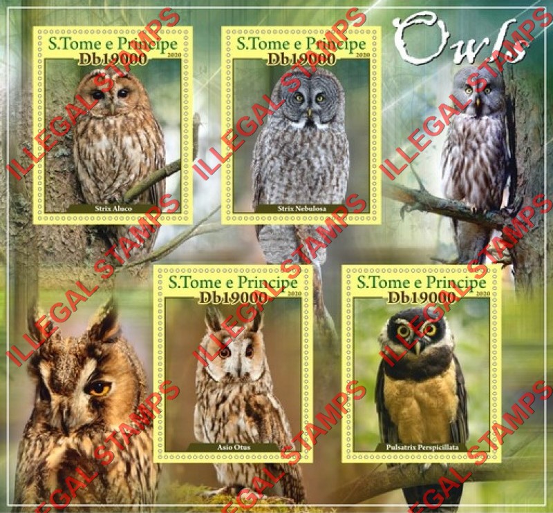 Saint Thomas and Prince Islands 2020 Owls Illegal Stamp Souvenir Sheet of 4