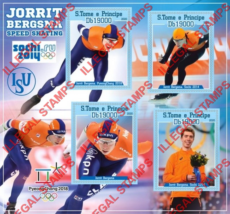 Saint Thomas and Prince Islands 2020 Speed Skating Jorrit Bergsma Illegal Stamp Souvenir Sheet of 4