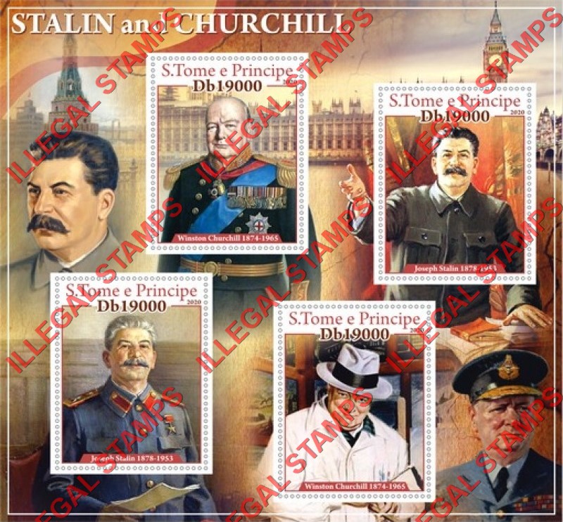 Saint Thomas and Prince Islands 2020 Stalin and Churchill Illegal Stamp Souvenir Sheet of 4