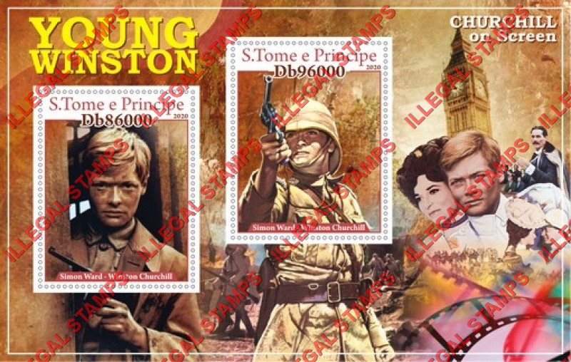 Saint Thomas and Prince Islands 2020 Young Winston Churchill on Screen Starring Simon Ward Illegal Stamp Souvenir Sheet of 2