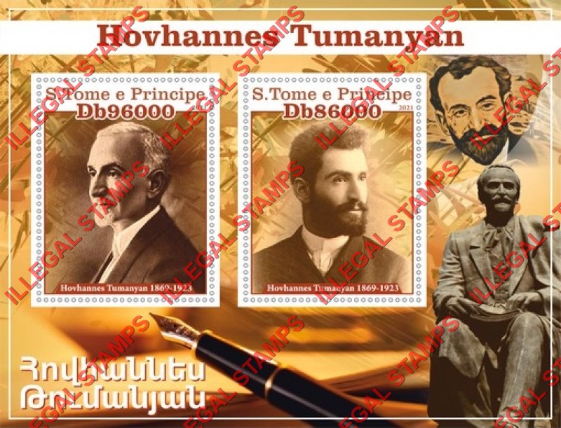 Saint Thomas and Prince Islands 2021 Hovhannes Tumanyan Armenian Poet Illegal Stamp Souvenir Sheet of 2