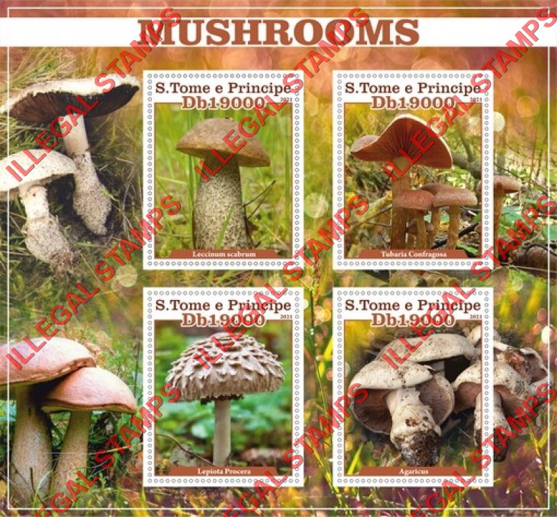 Saint Thomas and Prince Islands 2021 Mushrooms Illegal Stamp Souvenir Sheet of 4