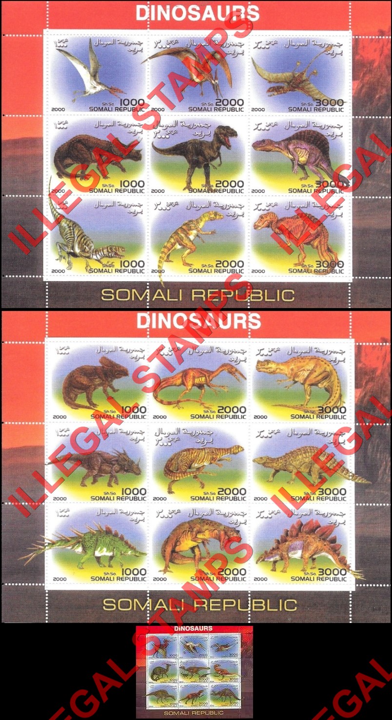Somalia 2000 Dinosaurs Illegal Stamp Souvenir Sheets of 9