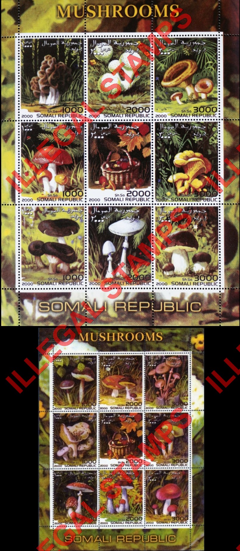 Somalia 2000 Mushrooms Illegal Stamp Souvenir Sheets of 9