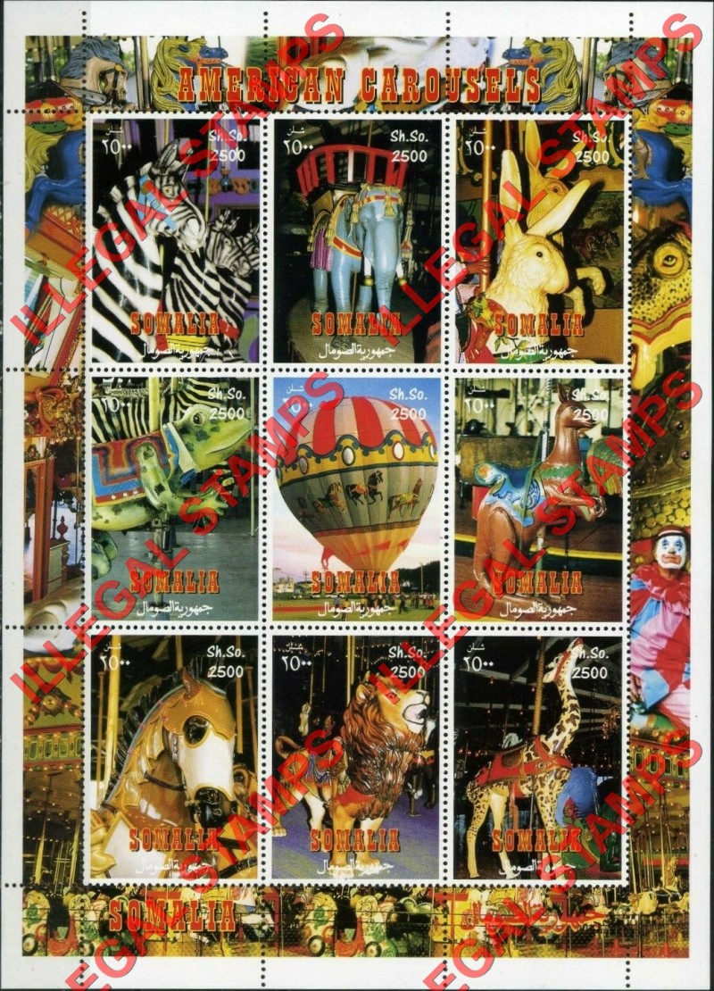 Somalia 2000 American Carousels Illegal Stamp Souvenir Sheet of 9