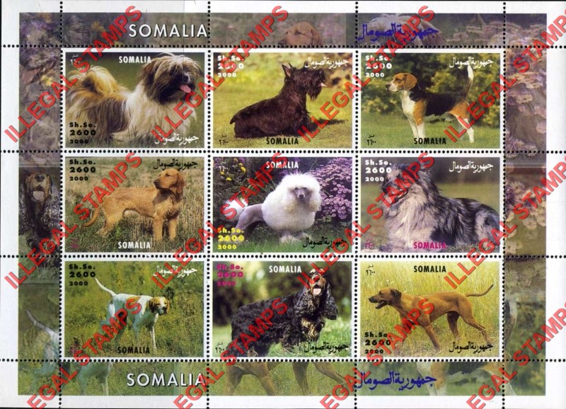 Somalia 2000 Dogs Illegal Stamp Souvenir Sheet of 9