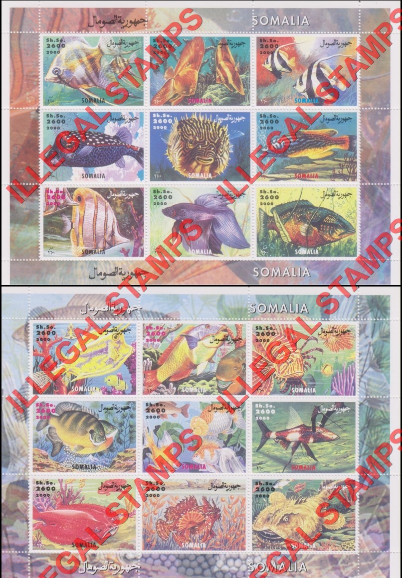 Somalia 2000 Fish Illegal Stamp Souvenir Sheets of 9