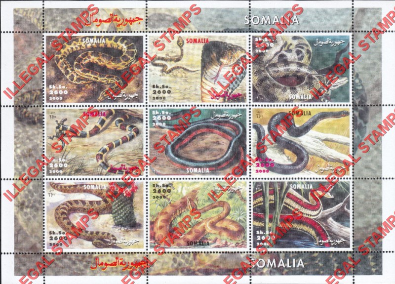 Somalia 2000 Snakes Illegal Stamp Souvenir Sheet of 9