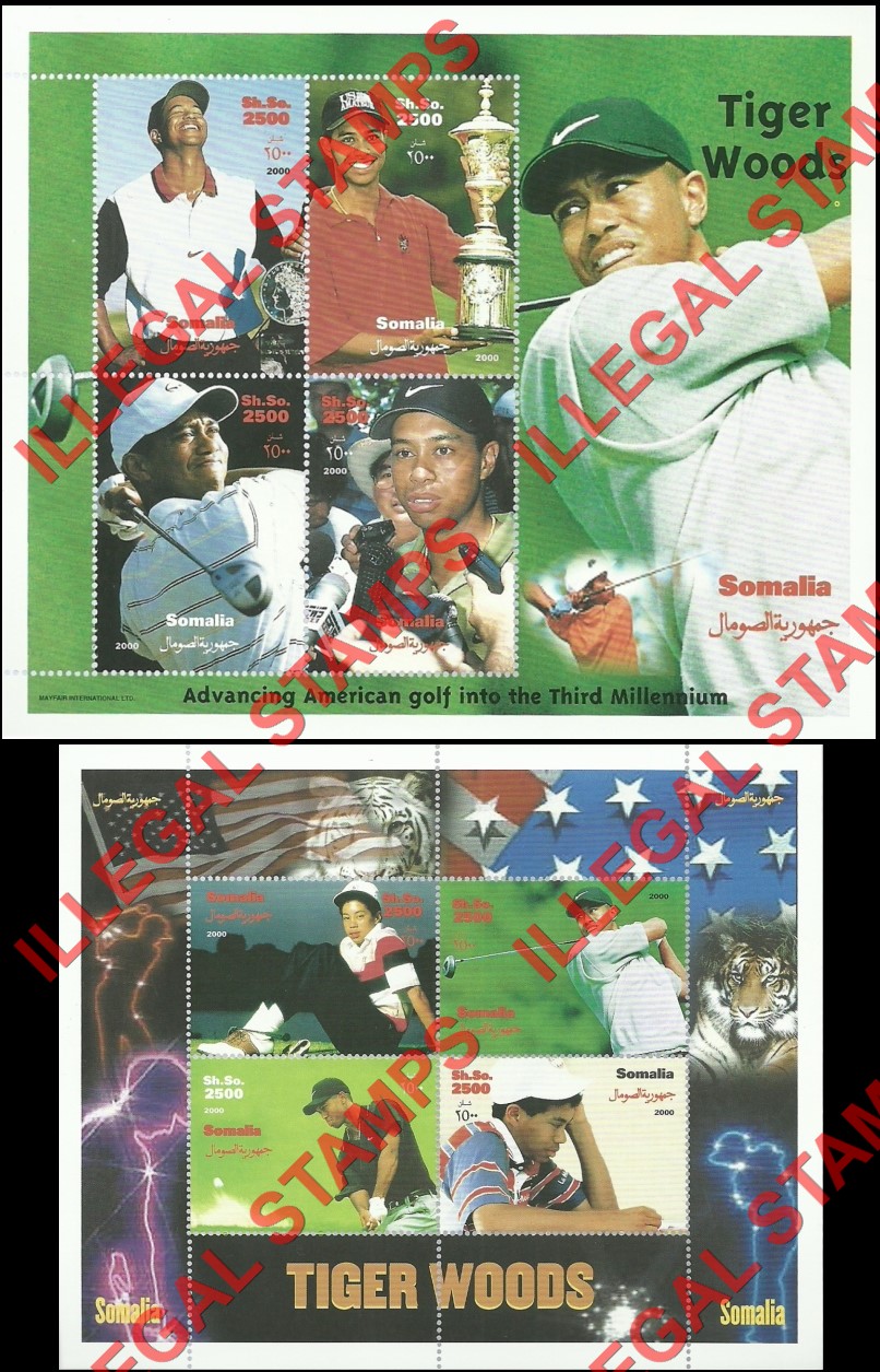 Somalia 2000 Tiger Woods Illegal Stamp Souvenir Sheets of 4