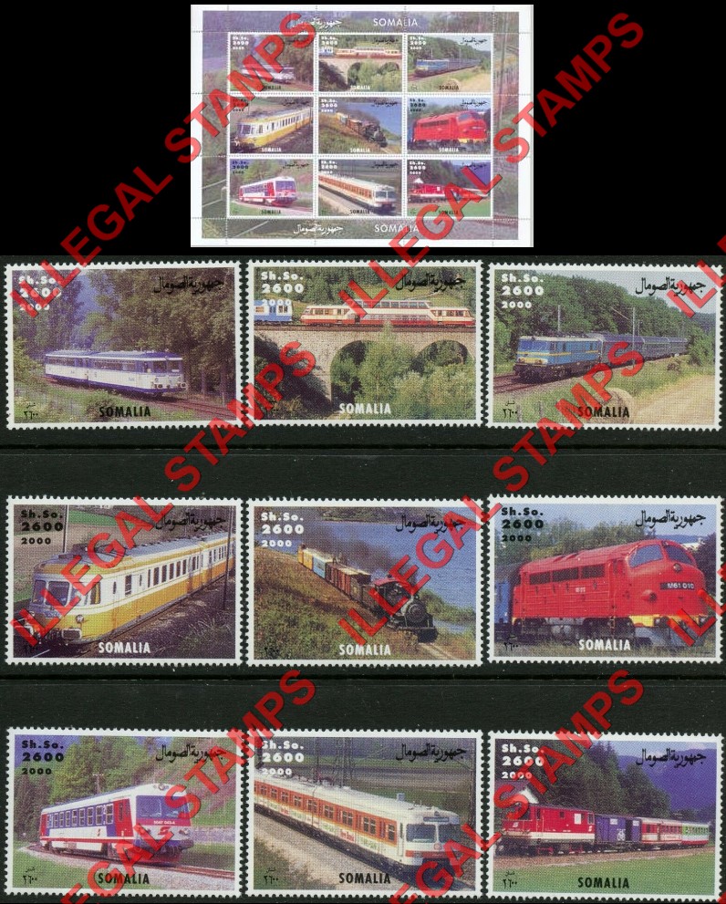 Somalia 2000 Trains Illegal Stamp Souvenir Sheet of 9