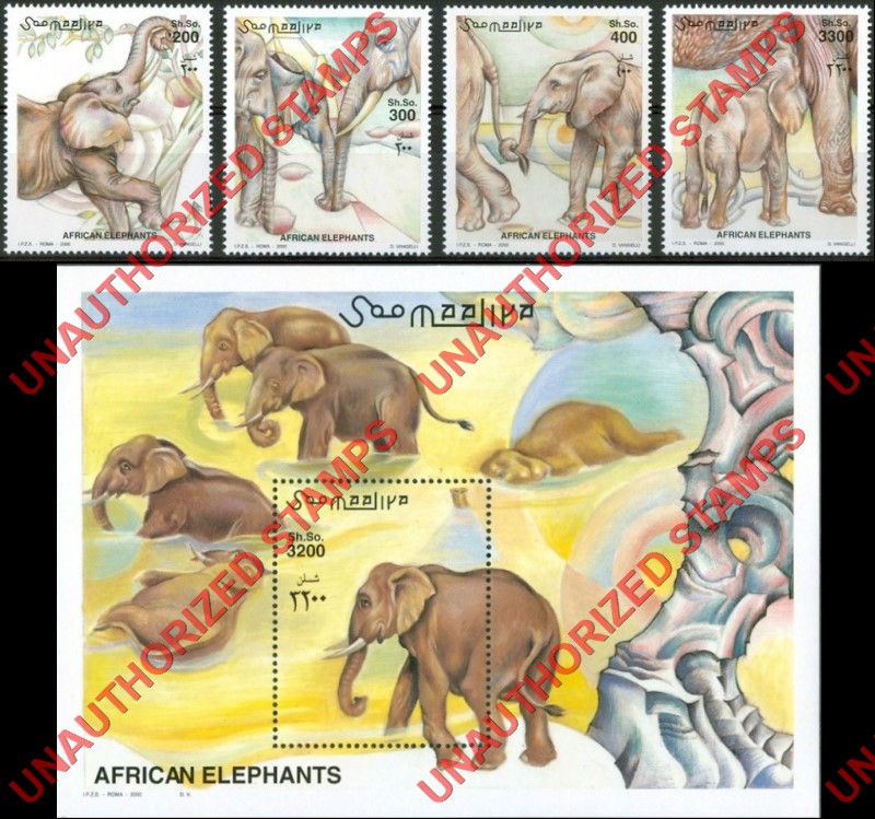 Somalia 2000 Unauthorized IPZS African Elephants Stamps Michel 855-858 BL 74
