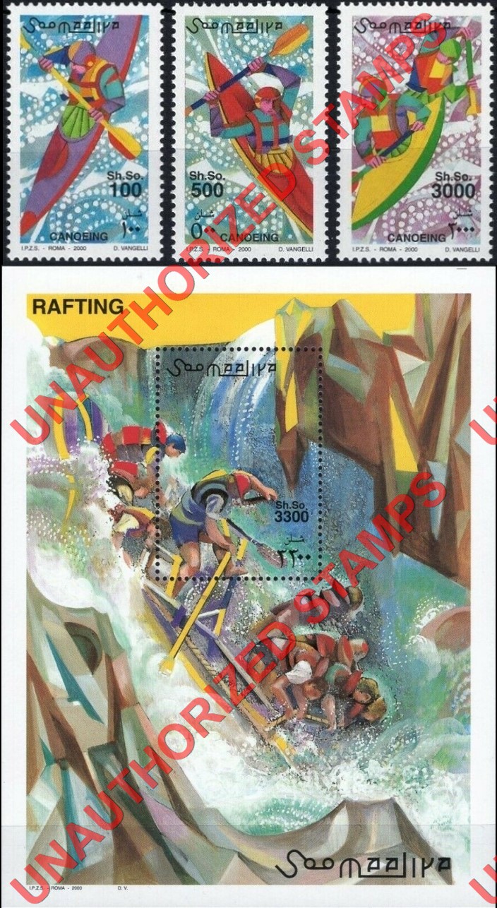 Somalia 2000 Unauthorized IPZS Canoeing and Rafting Stamps Michel 847-849 BL 72