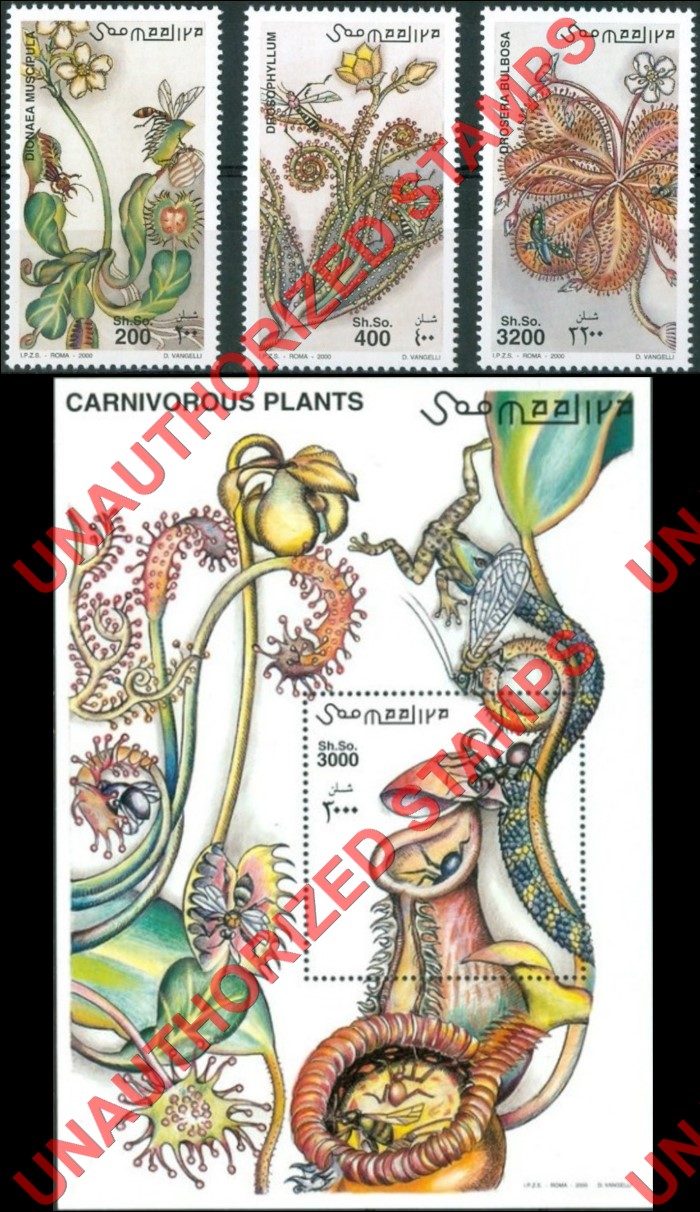Somalia 2000 Unauthorized IPZS Carnivorous Plants Stamps Michel 851-853 BL 73