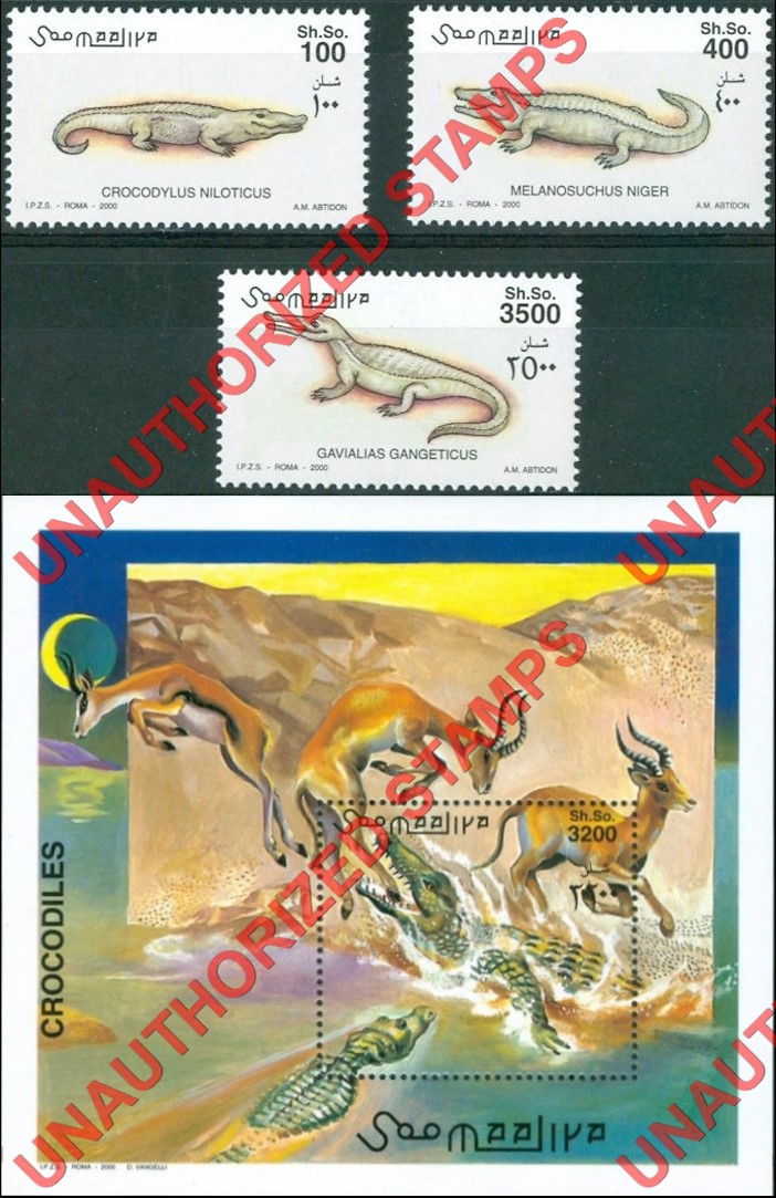 Somalia 2000 Unauthorized IPZS Crocodiles Stamps Michel 839-841 BL 70