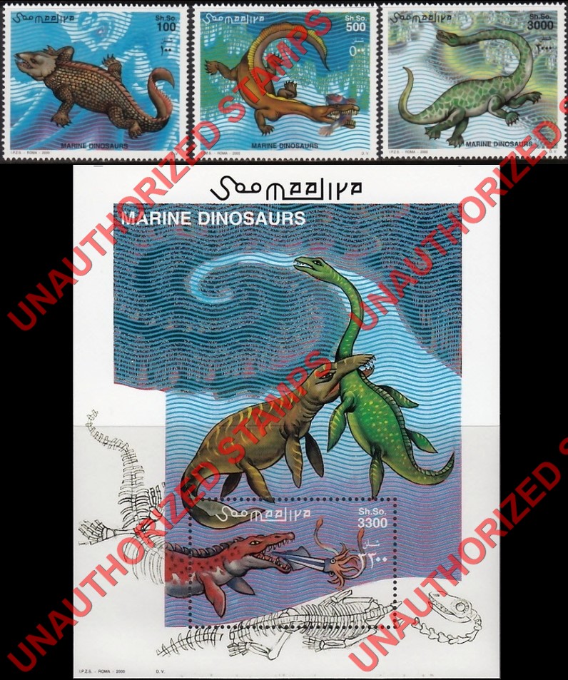 Somalia 2000 Unauthorized IPZS Marine Dinosaurs Stamps Michel 843-845 BL 71