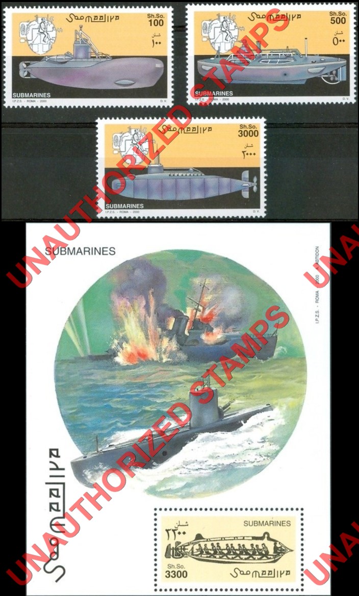 Somalia 2000 Unauthorized IPZS Submarines Stamps Michel 815-817 BL 67