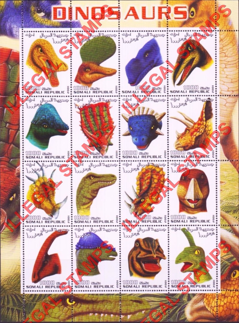 Somalia 2001 Dinosaurs (different) Illegal Stamp Souvenir Sheet of 16