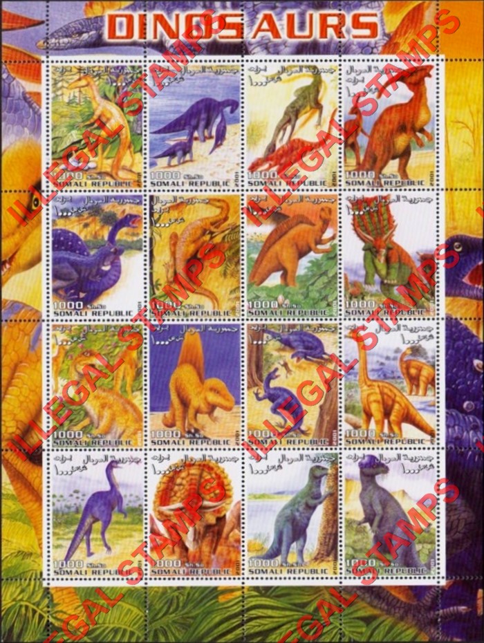 Somalia 2001 Dinosaurs Illegal Stamp Souvenir Sheet of 16