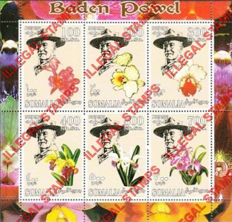 Somalia 2001 Baden Powell and Flowers Illegal Stamp Souvenir Sheet of 6
