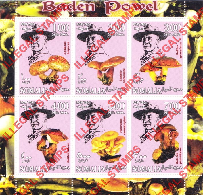 Somalia 2001 Baden Powell and Mushrooms Illegal Stamp Souvenir Sheet of 6