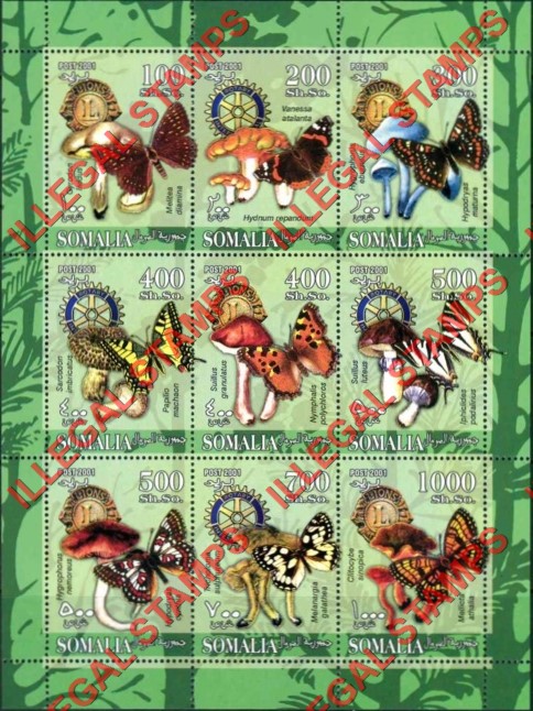 Somalia 2001 Butterflies and Mushrooms Illegal Stamp Souvenir Sheet of 9