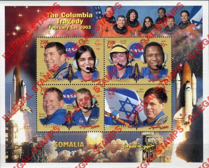 Somalia 2001 Columbia Space Shuttle Tragedy Illegal Stamp Souvenir Sheet of 4