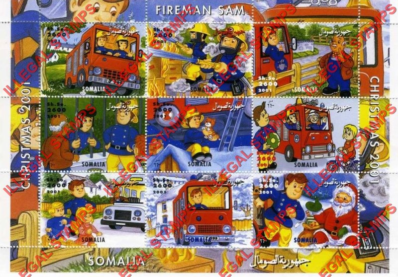 Somalia 2001 Fireman Sam Illegal Stamp Souvenir Sheet of 9