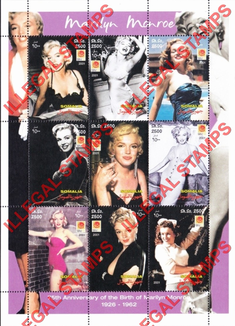 Somalia 2001 Marilyn Monroe Illegal Stamp Souvenir Sheet of 9