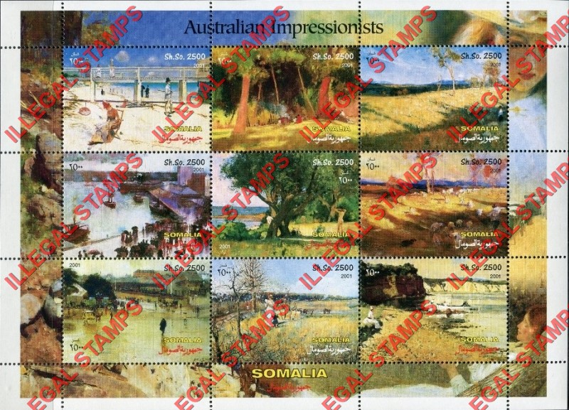 Somalia 2001 Paintings by Australian Impressionists Illegal Stamp Souvenir Sheet of 9