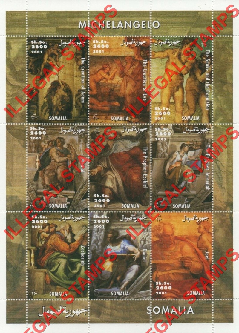 Somalia 2001 Paintings by Michelangelo Illegal Stamp Souvenir Sheet of 9