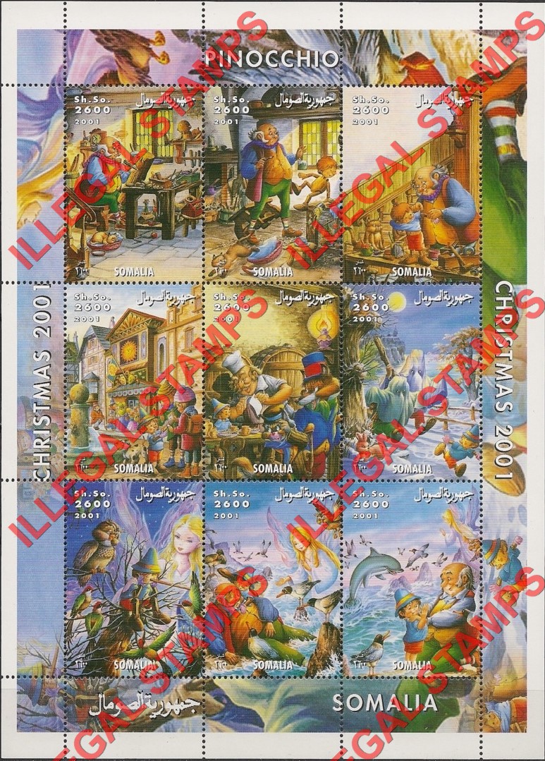 Somalia 2001 Pinocchio Christmas Illegal Stamp Souvenir Sheet of 9