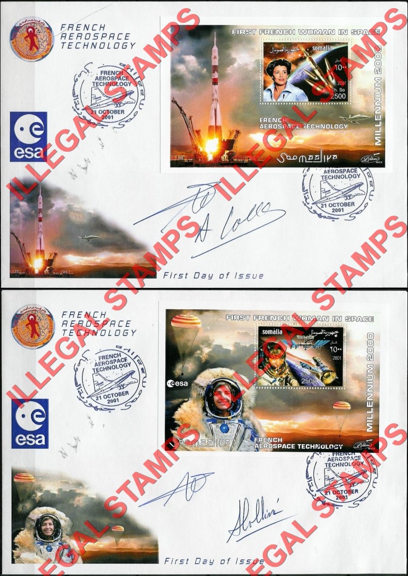 Somalia 2001 Space First French Woman in Space Illegal Stamp Souvenir Sheets of 1 on Fake First Day Covers