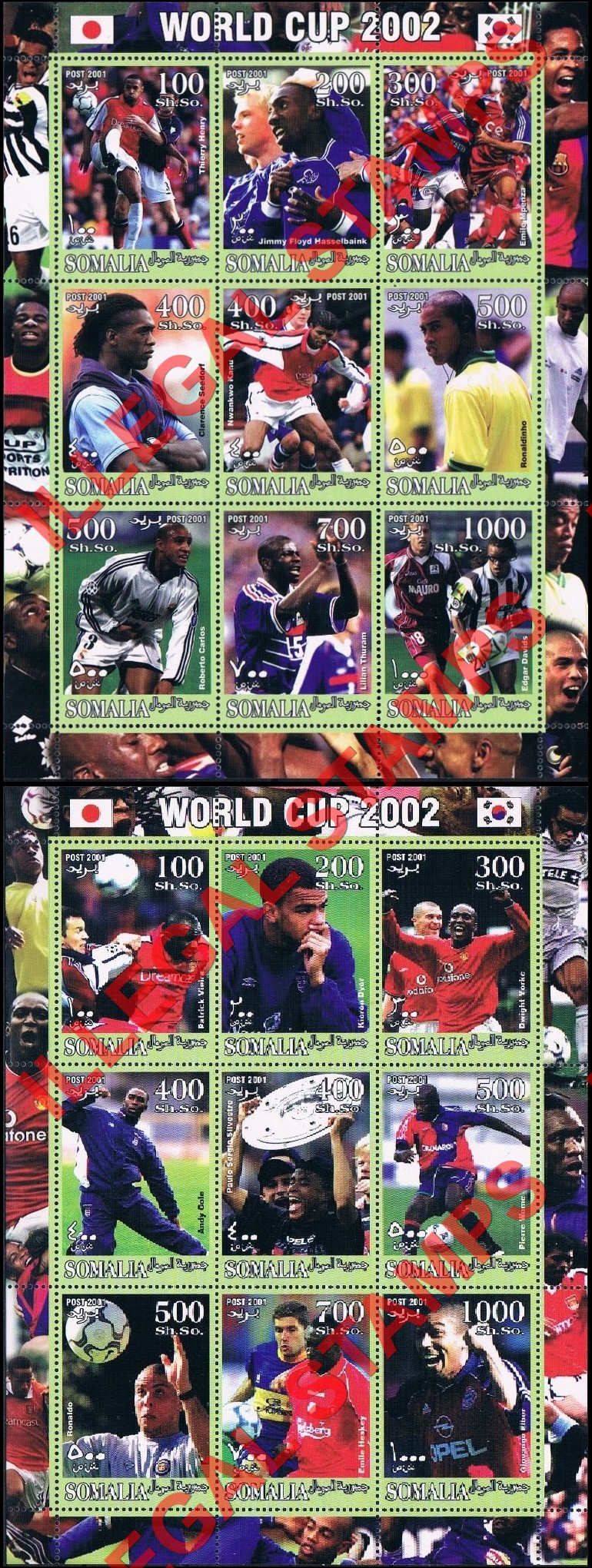 Somalia 2001 World Cup Soccer in 2002 Illegal Stamp Souvenir Sheets of 9