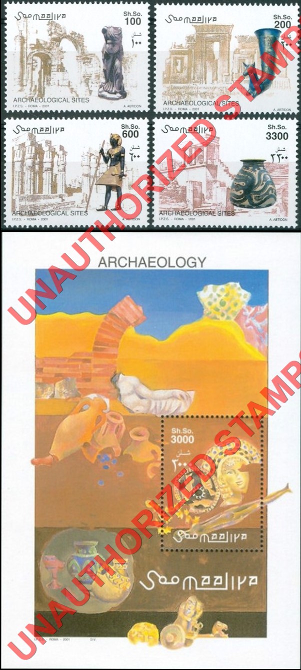 Somalia 2001 Unauthorized IPZS Archaeology Archeological Sites Stamps Michel 901-904 BL 81