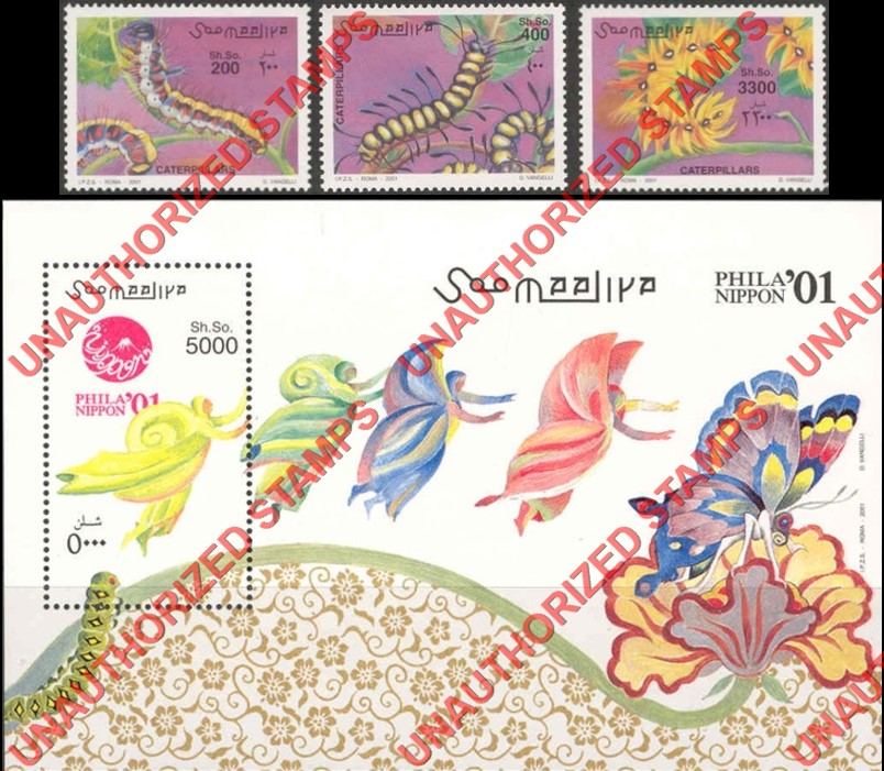 Somalia 2001 Unauthorized IPZS Caterpillars Phila' Nippon Stamps Michel 886-888 BL 79