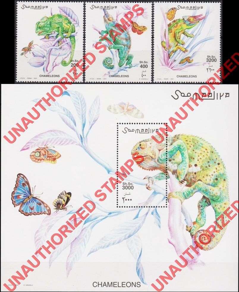 Somalia 2001 Unauthorized IPZS Chameleons Stamps Michel 882-884 BL 78