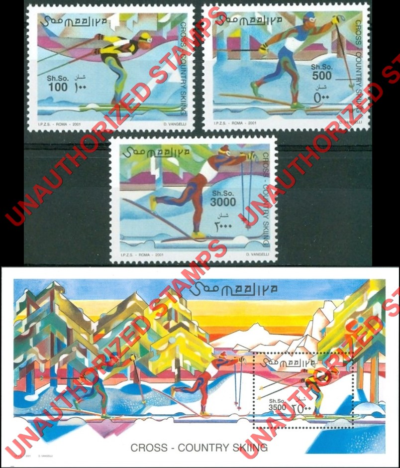 Somalia 2001 Unauthorized IPZS Cross Country Skiing Stamps Michel 864-866 BL 76