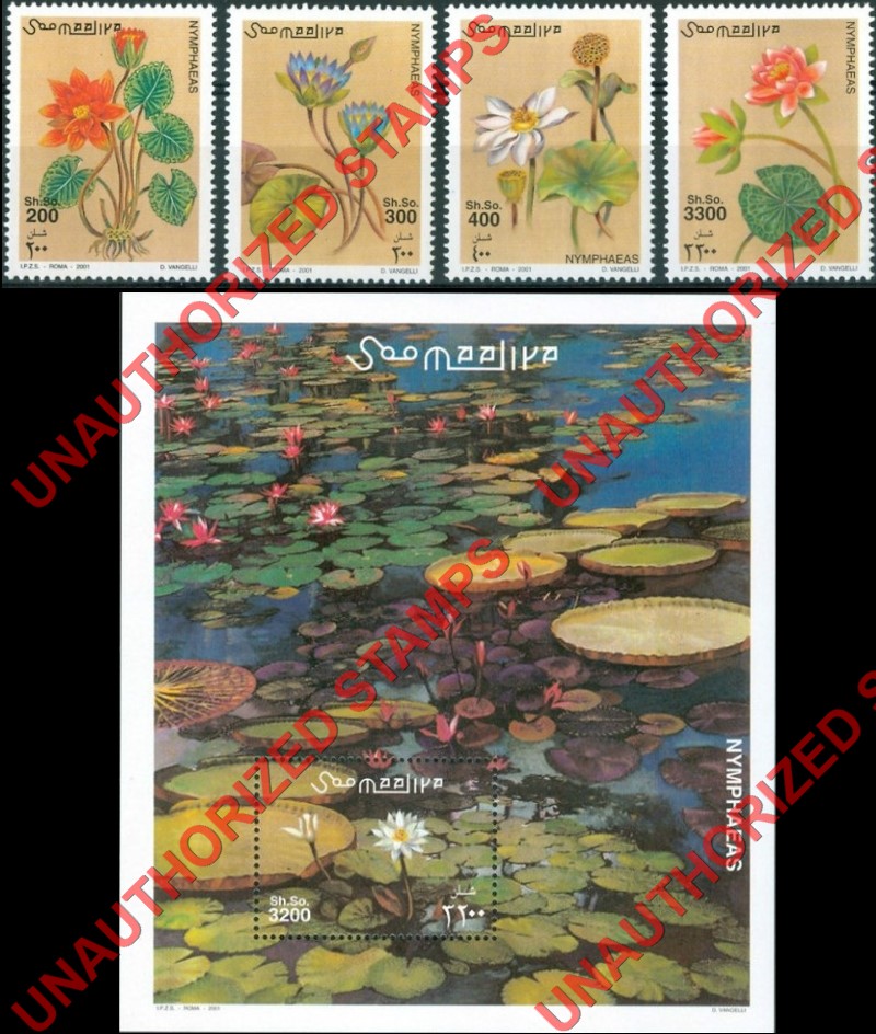 Somalia 2001 Unauthorized IPZS Nymphaeas Flowers Waterlillies Stamps Michel 915-918 BL 84