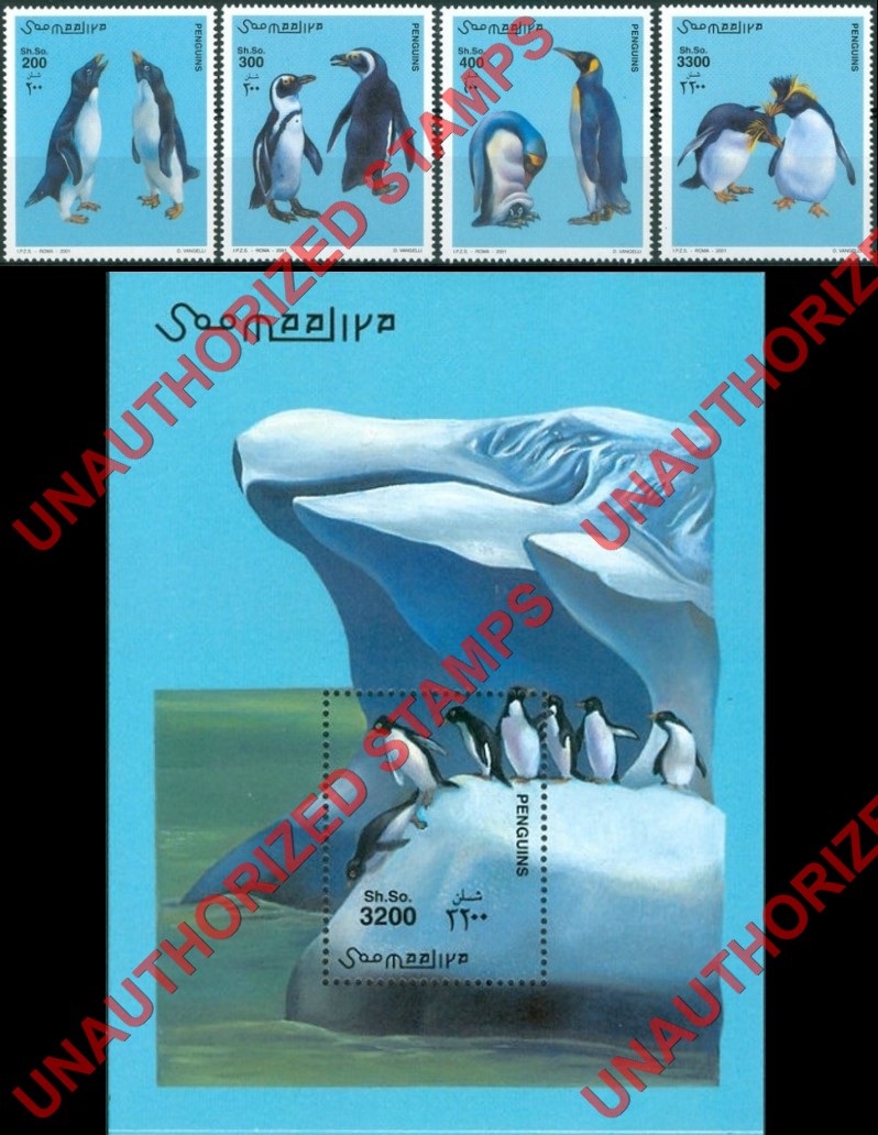 Somalia 2001 Unauthorized IPZS Penguins Stamps Michel 868-871 BL 77