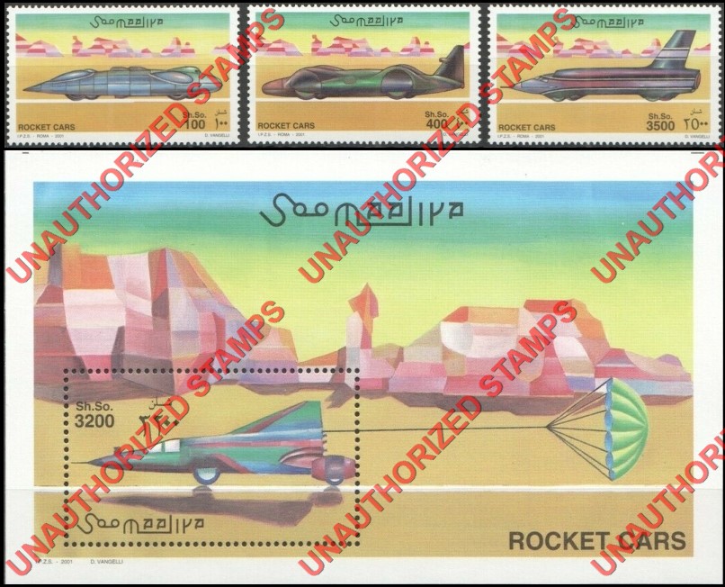 Somalia 2001 Unauthorized IPZS Rocket Cars Stamps Michel 860-862 BL 75