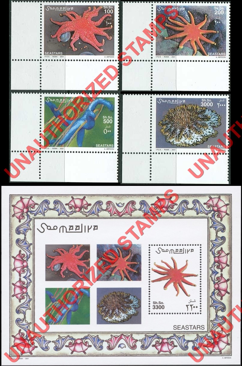 Somalia 2001 Unauthorized IPZS Seastars Stamps Michel 896-899 BL 80