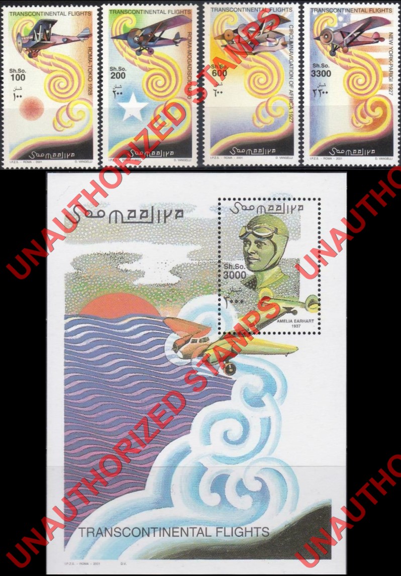 Somalia 2001 Unauthorized IPZS Transcontinental Flights Stamps Michel 906-909 BL 82