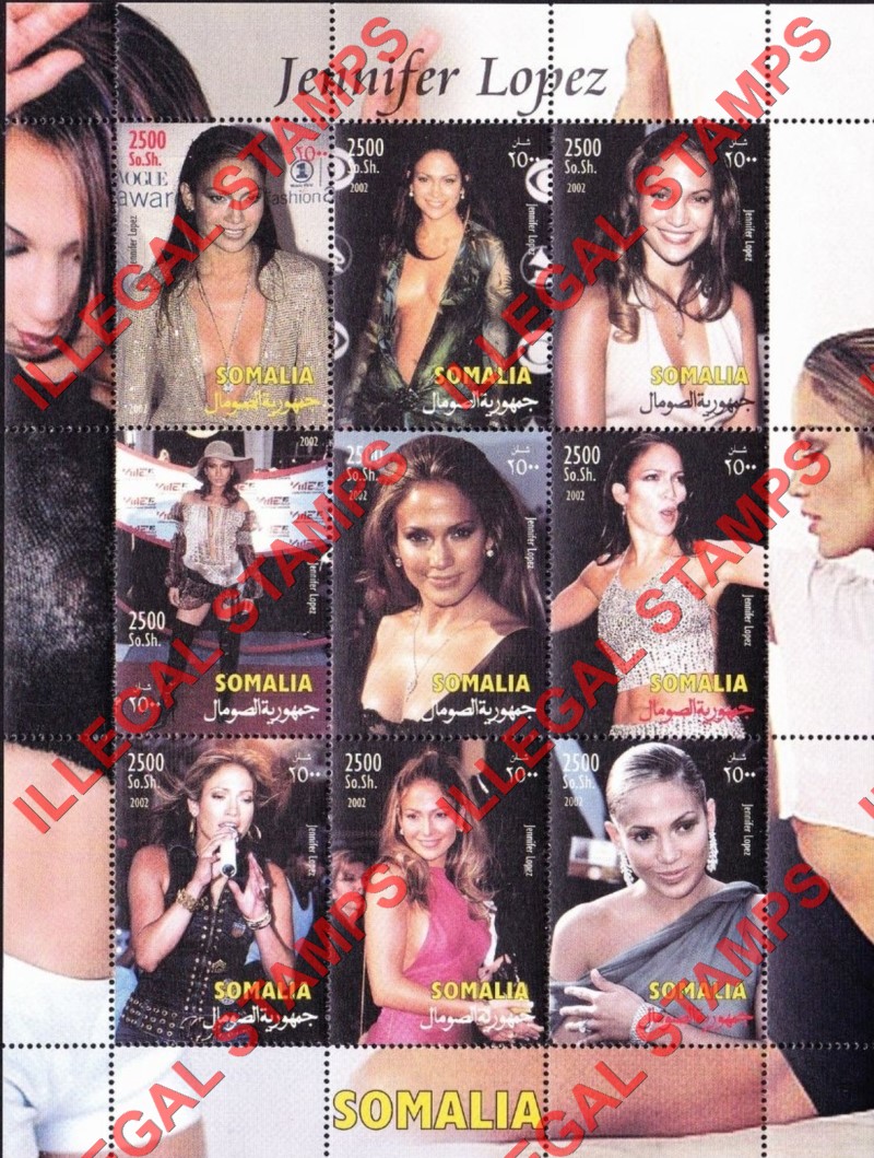 Somalia 2002 Jennifer Lopez Illegal Stamp Souvenir Sheet of 9 (Sheet 1)