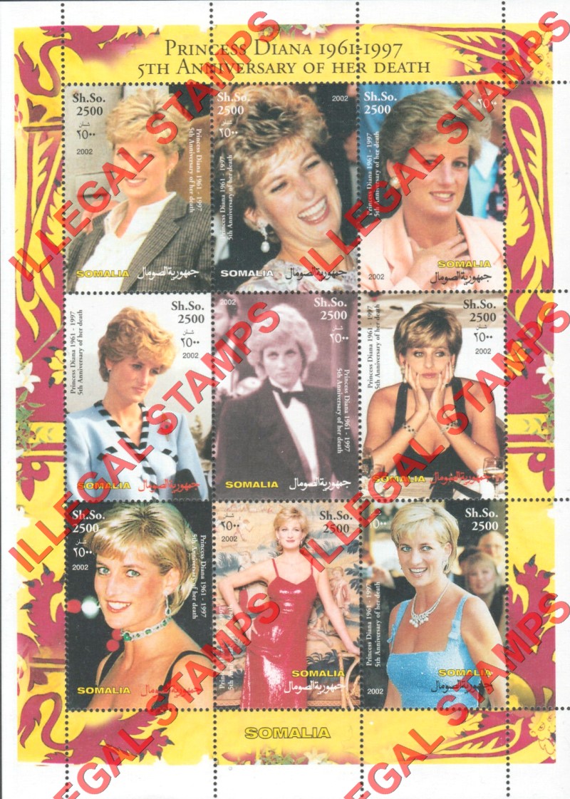 Somalia 2002 Princess Diana Illegal Stamp Souvenir Sheet of 9