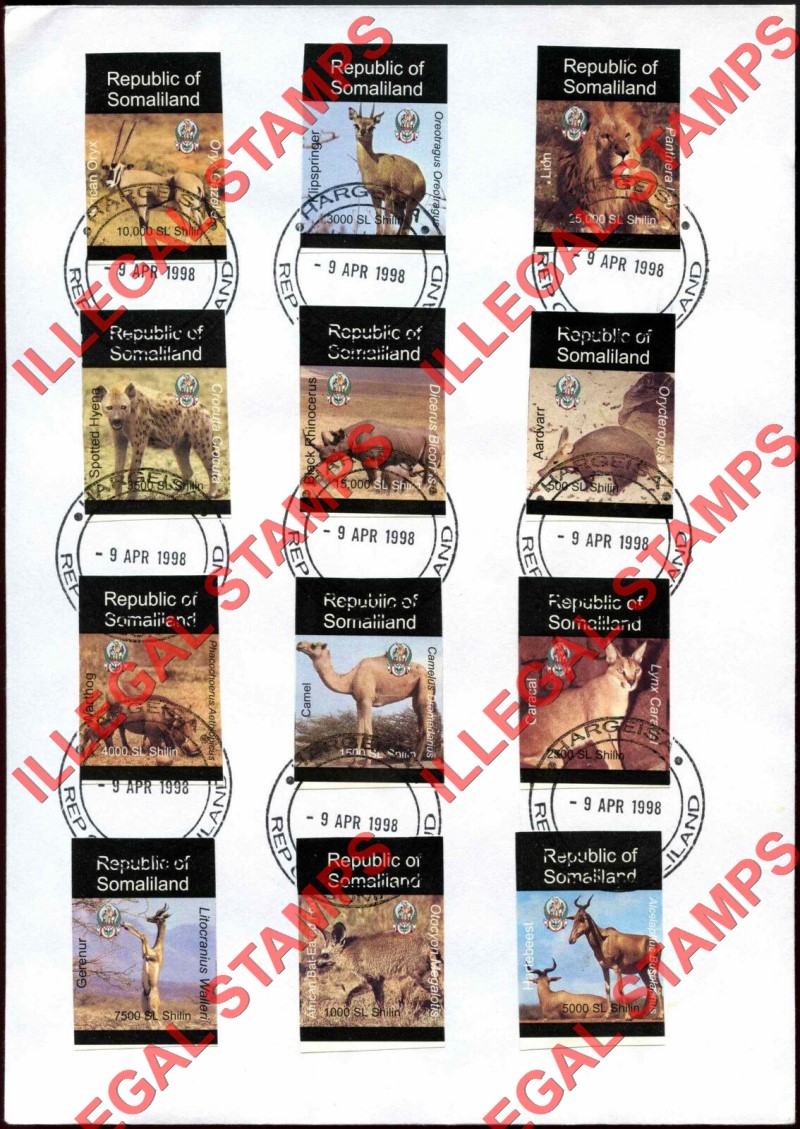 Somaliland 1997 Animals of Africa Illegal Stamp Set of 12 on Fake First Day Cover Dating 1998