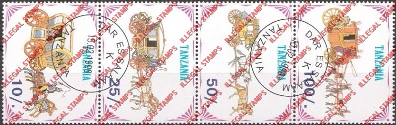 Tanzania 1998 Horse Carriages Illegal Stamp Strip of 4